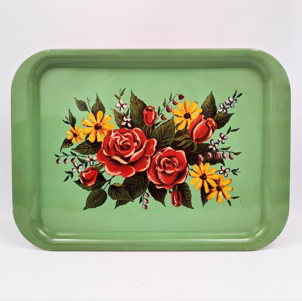 #3 Vintage Tole Painted Metal Tray Retro Floral Roses Cottage Farmhouse Country